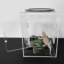 1 Peice 투명한 작은 양서류 파충류 사육 도마뱀, 뱀, 통기성 구멍이 있는 곤충, 그물 및 문용 아크릴 탱크