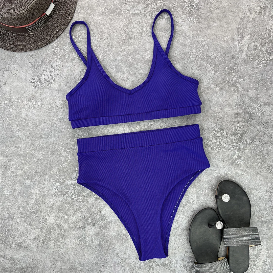 Neuer, gerippter, gepolsterter Bikini mit hoher Taille in 4 Farben, Damen-Badeanzug, zweiteiliges Bikini-Set, Badebekleidung, Badeanzug, Modell V3768. – Detail 30