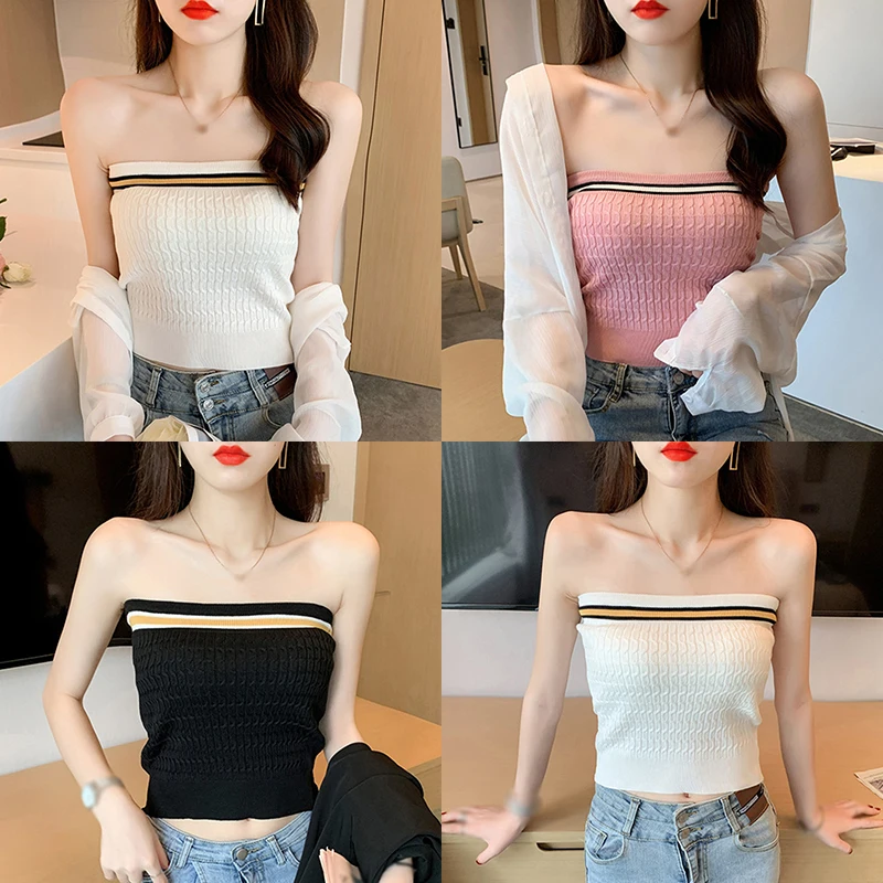 Top de tubo con hombros descubiertos para mujer, camisa Base tejida a rayas sin mangas, Tops cortos sexys informales sin tirantes