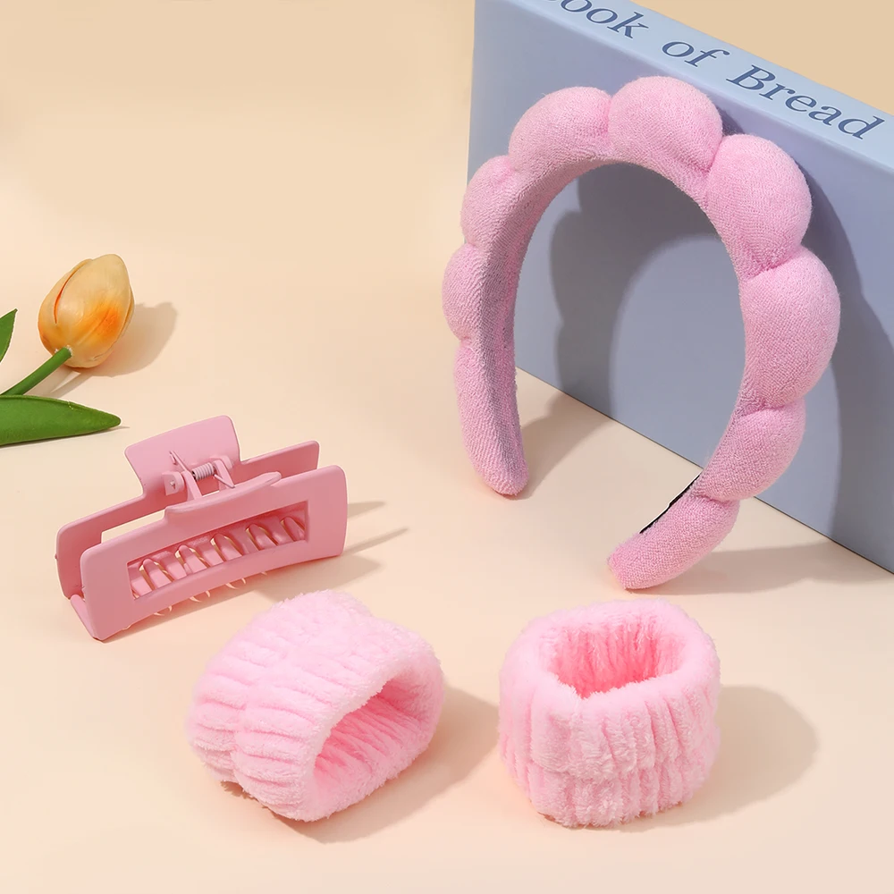 Juego de diadema de Spa para lavarse la cara con pinza para el pelo, pulseras, maquillaje/ducha, herramientas de peinado, accesorios para el cabello, 4 Uds.