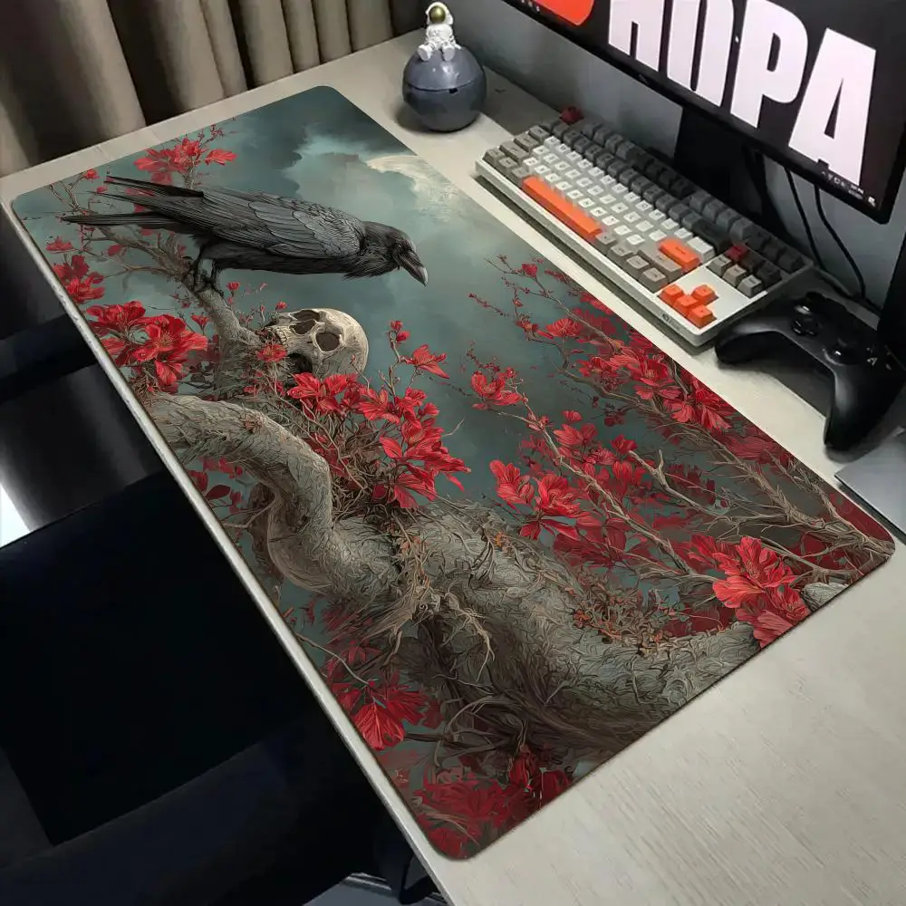 

Dark aesthetic crow and skull Mouse Pad Desk Mat with Stitched Edge Non-Slip gaming mat pc accessories keyboard desk pad mauspad