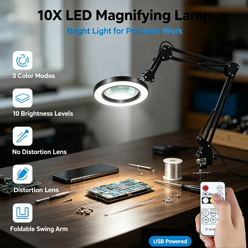 3-Segment Extra-long swing Magnifying Glass Lamp with 3 Color Adjust LED Lights Reading Table Lamp for Welding Repair Close Work