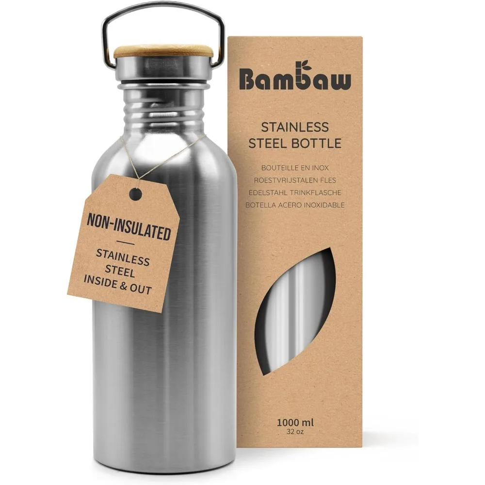 Botella de Agua Metálica de Pared Simple Sin Aislamiento de 32 oz, Reutilizable, Ecológica, Apta para Lavavajillas, Plateada