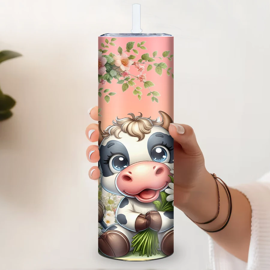 20oz Party Cute 3D Print Highland Flowers Cow  Tumblers Straw Lid 1Pc Stainless Hot Cold Insulated Water Bottle Travel Tumblers