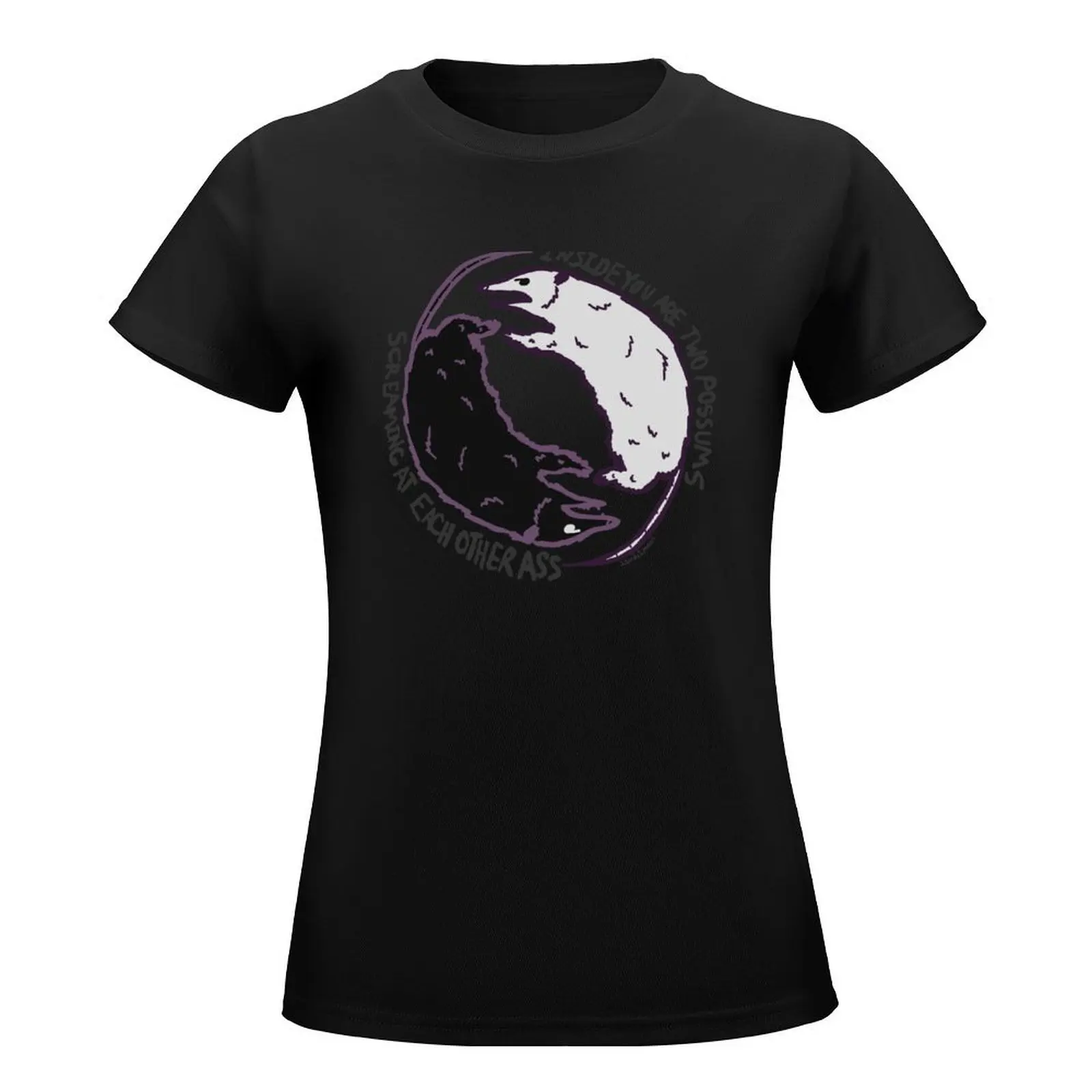 Camisetas gráficas simples Ying Yang Possum para mulheres, camisetas suar pretas