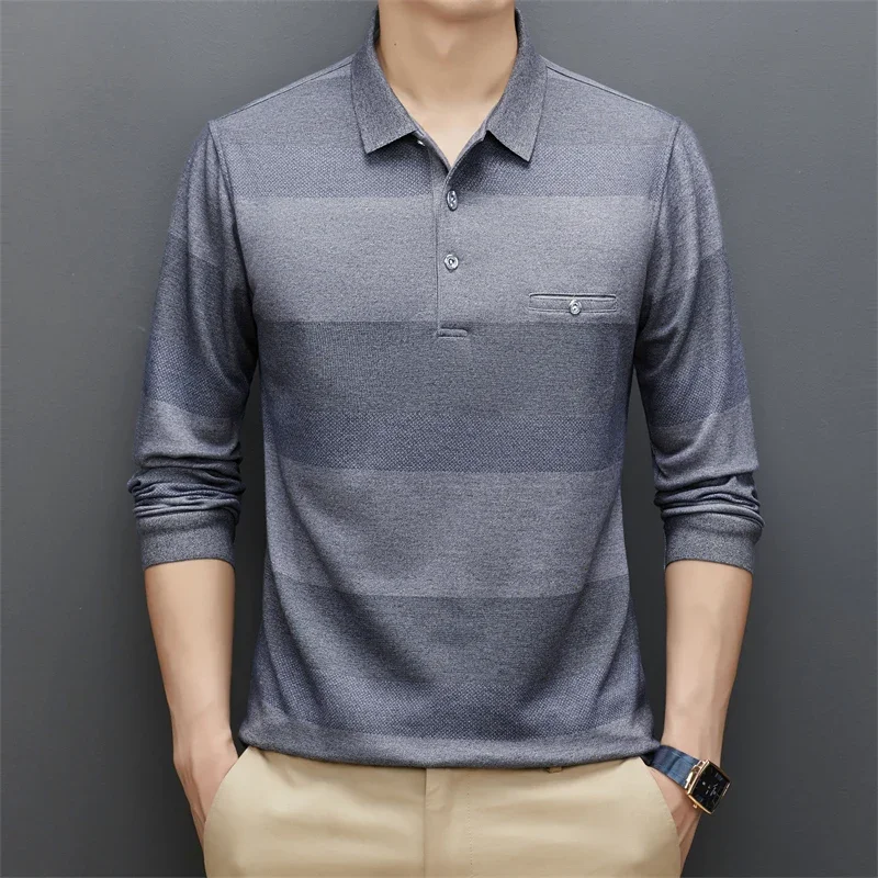 New Men\'s Casual Stripe Plaid Long Sleeve Polo Shirt Fashion Solid Polo Top