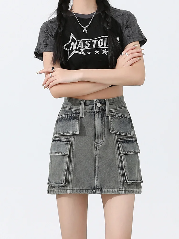 Women's Grey A-line Cargo Denim Skirt 90s Aesthetic Vintage Y2k Mini Jean Skirts Harajuku Korean Skirt 2000s Clothes Summer 2024