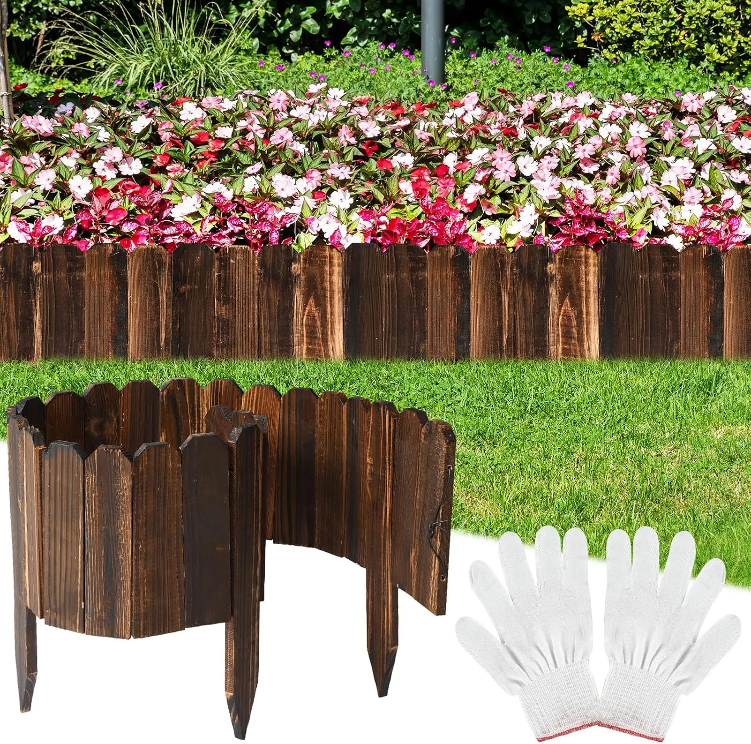 

8 Pcs Wood Garden Edging Border Picket Fence Garden Landscape Edging 8 x 47 Inches with Gloves for Yard Pathway Outdoor