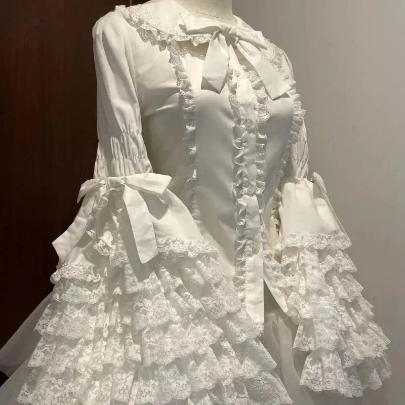 Harajuku Sweet Solid Long Sleeve Shirts for Women Japanese Lolita Lace Bow Ruffles Trendy Oversized Stylish Casual Blouses Tops