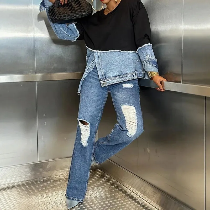 2026 ربيع الخريف المرقعة الدنيم البلوز القمم موضة كم طويل س الرقبة الشارع الشهير بلوزات المرأة بلوزة أنيقة سيدة