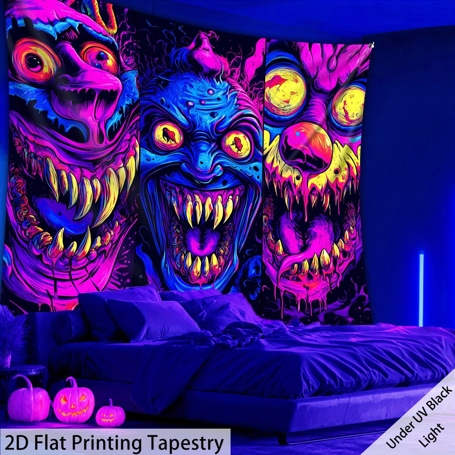 

VIKAMA Monster Tapestry Three-Headed Beast with Fangs Design Halloween Party Game Room Dark-Themed Room Decor