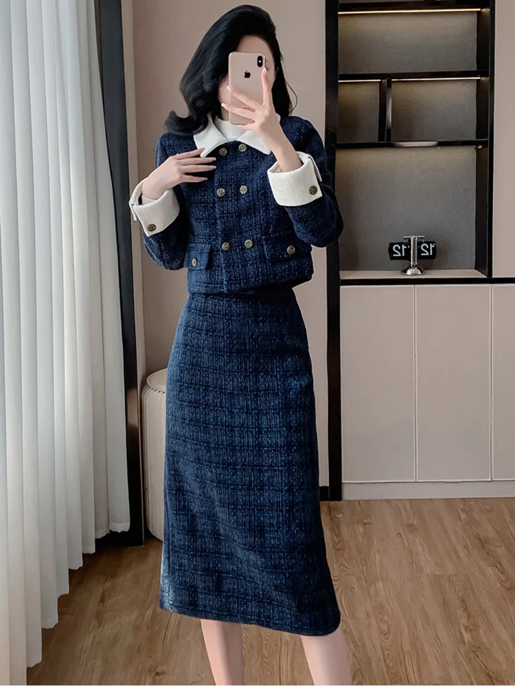 2025 Autumn Spring Two Piece Skirt Set Small Fragrance Cotton Double Breasted Tweed Jacket with Elegant Plaid Skirt Two-piece Se