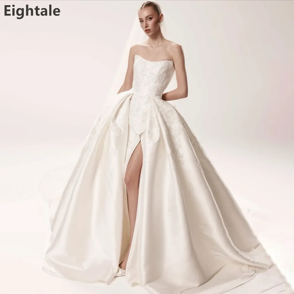 Eightale 2026 Ivory Ball Gown Bridal Gown Strapless Embroidered Bodice Satin Wedding Dress with High Slit Customized