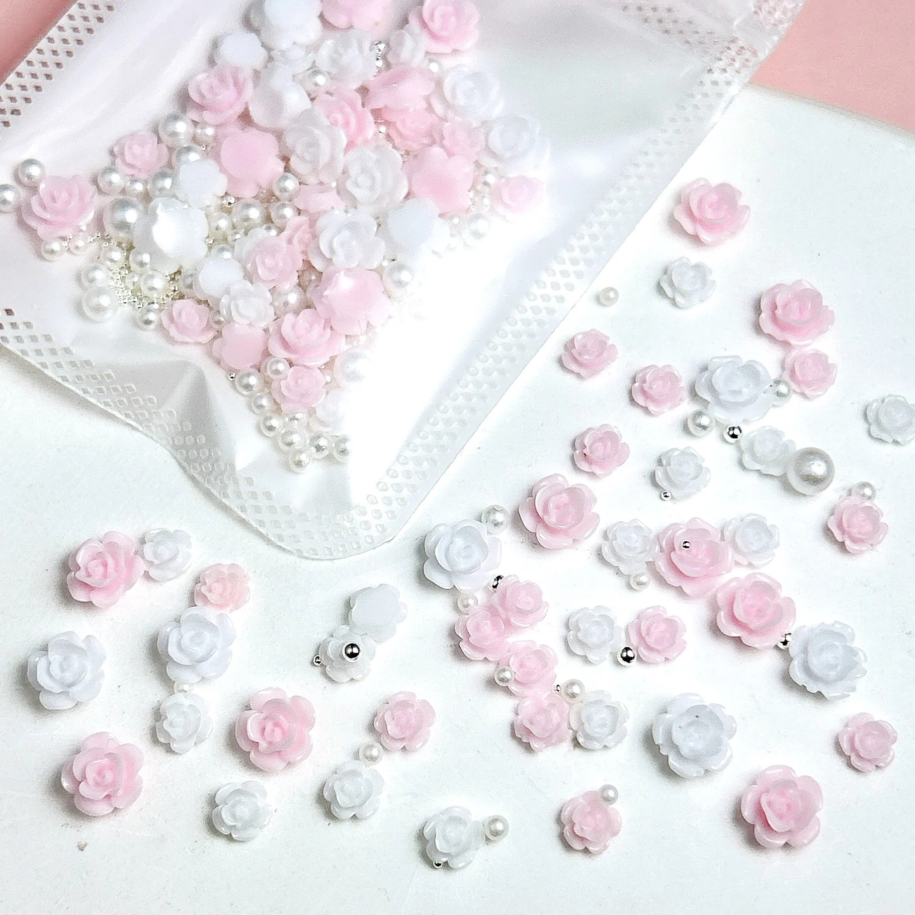 1Bag Minimalist Simulated Camellia Resin Nail Art Charms Colorful Sweet Rose Mini Steel Ball Mixed Nail Decorations DIY Nails