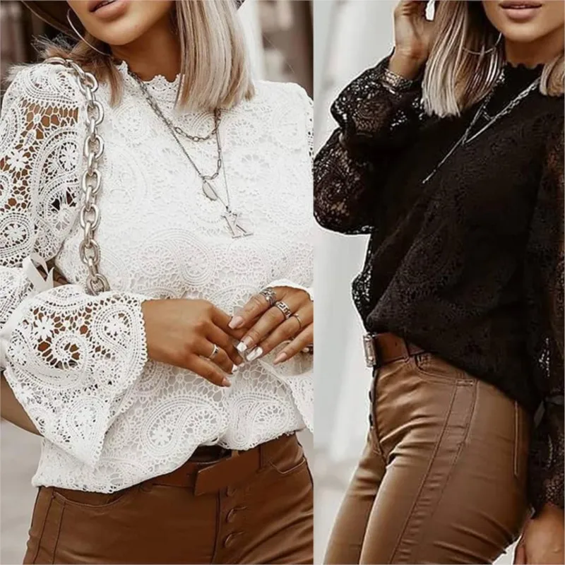 

2025 Women's Spring Autumn Black And White Lace Long Sleeve Flared Sleeve Bow Round Neck Office Business Casual Shirt Versatile