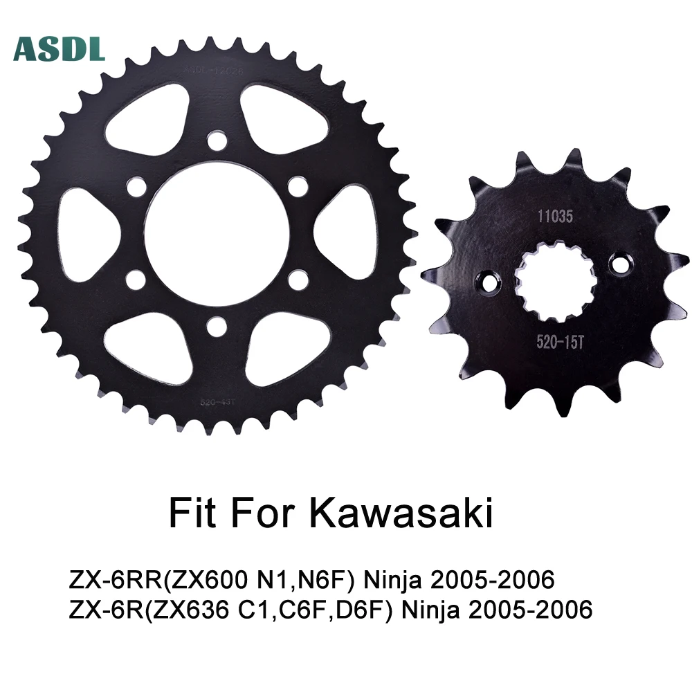 520 43T 15T Motorcycle Front Rear Steel Sprockets Kits for Kawasaki ZX-6R R ZX600 N1 N6F Ninja ZX-6R ZX636 C1 C6F D6F 2005-2006