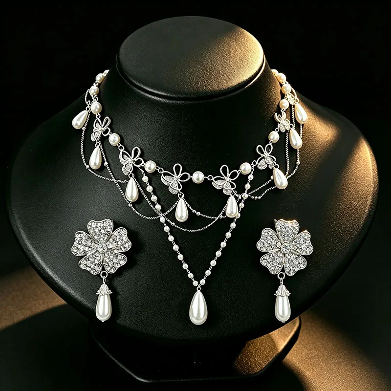 French Inlaid Rhinestone Pendant Necklace Droplet Shaped Imitation Pearl Ear Fashion Flower Bracelet Woman Banquet Jewelry H