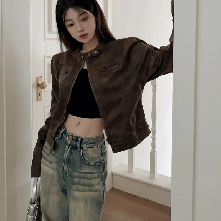 American Style Vintage Brown Long Sleeve Suede Short Coat Women's Loose Slimming Casual Top Thickened Ultra Short Length