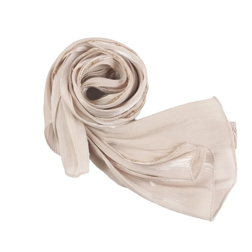 

Fashion Solid Color Ethnic Style Scarf Beads Chain Shiny Islamic Turban Thin Long Headscarf Daily