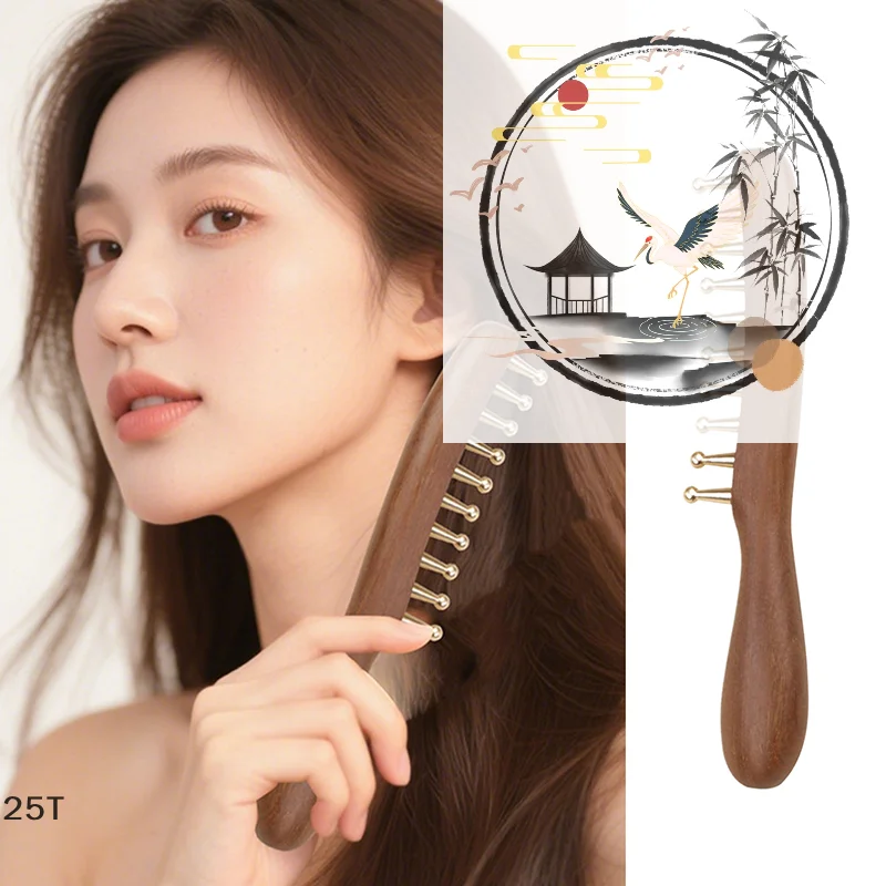 10-Teeth Copper & Wood Massager Comb For Head Meridian Therapy And Relaxation Golden Sandalwood Scraping Guasha Long Handle