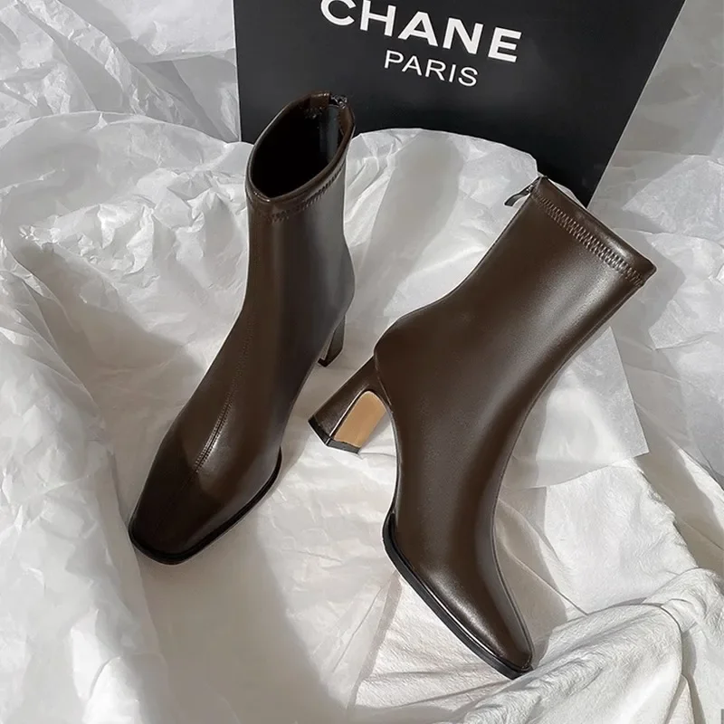 Vintage Ciepłe bawełniane damskie botki Moda Eleganckie buty z kwadratowymi noskami Jesień Zima Gruby obcas Krótkie botki damskie