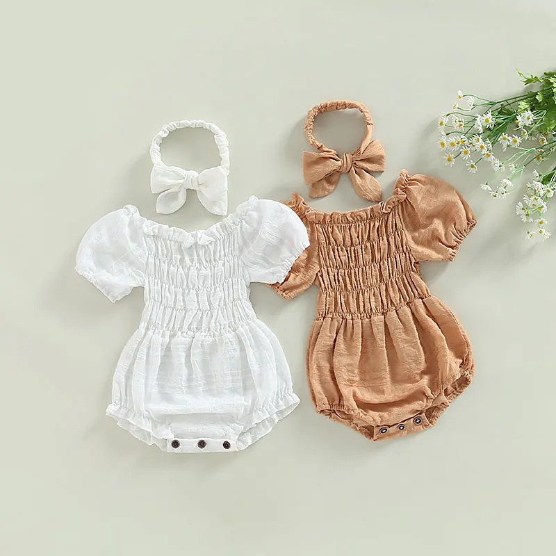 

Summer Newborn Infant Baby Girls Clothes Short Sleeve Ruffle Trim Pleated Solid Romper Jumpsuit Headband Outfits 0-24M