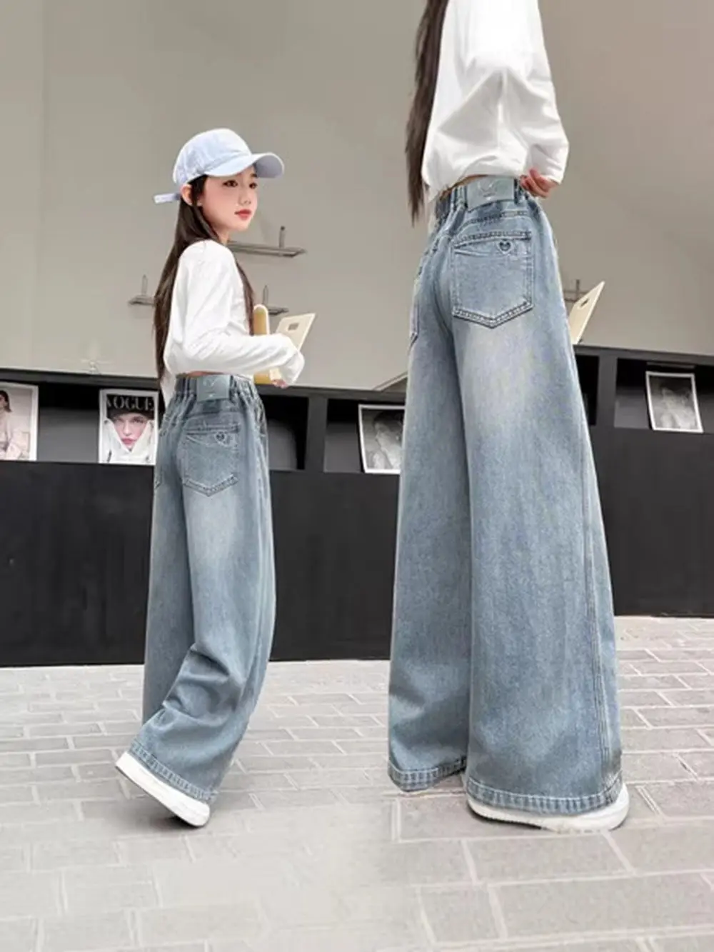 Korean Style Soft Cotton Wide Leg Trousers for Girls Casual Loose Jeans 2026 Simple Solid Pants for 5-14 Years Old Kids