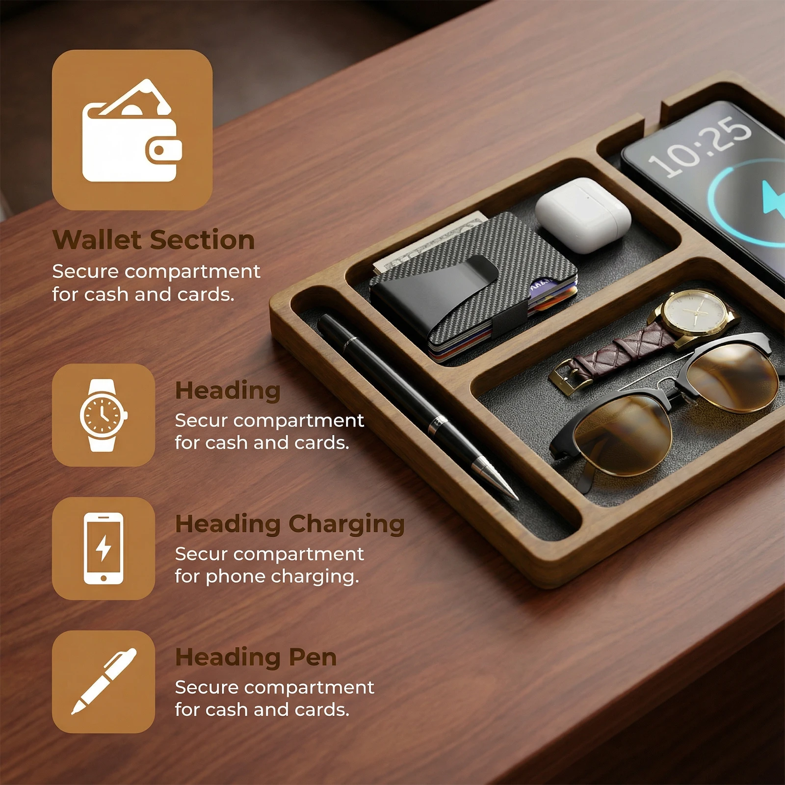 Stylish Wooden Desk Organizer with Leather Inlay