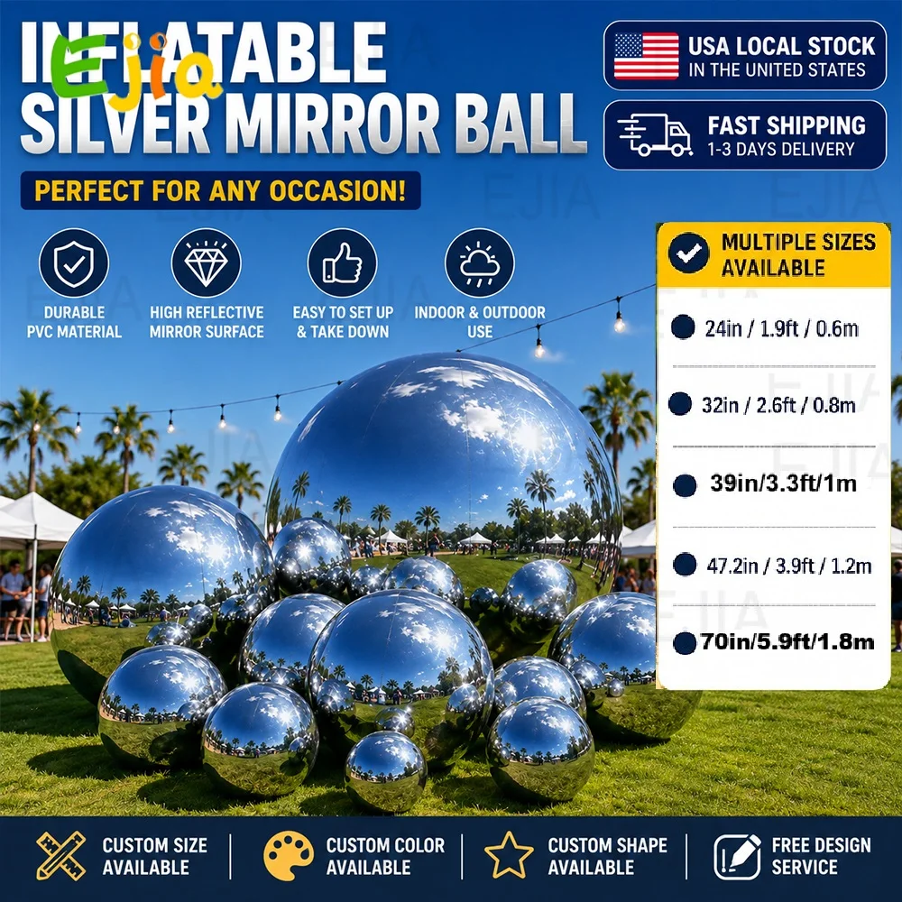 Inflatable Mirror Balls Set-6pcs Shiny Silver Airtight Giant Mirror Balloon Hanging PVC Sealed Sphere Disco Ball For Party Wedding Decoration