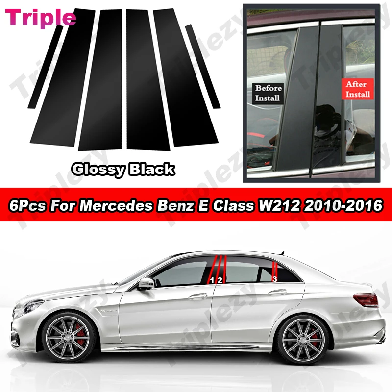 6Pcs Glossy Piano Black Car Door Window B C Pillar Post Cover Trim Carbon Fiber Sticker For Mercedes Benz E Class W212 2010-2016