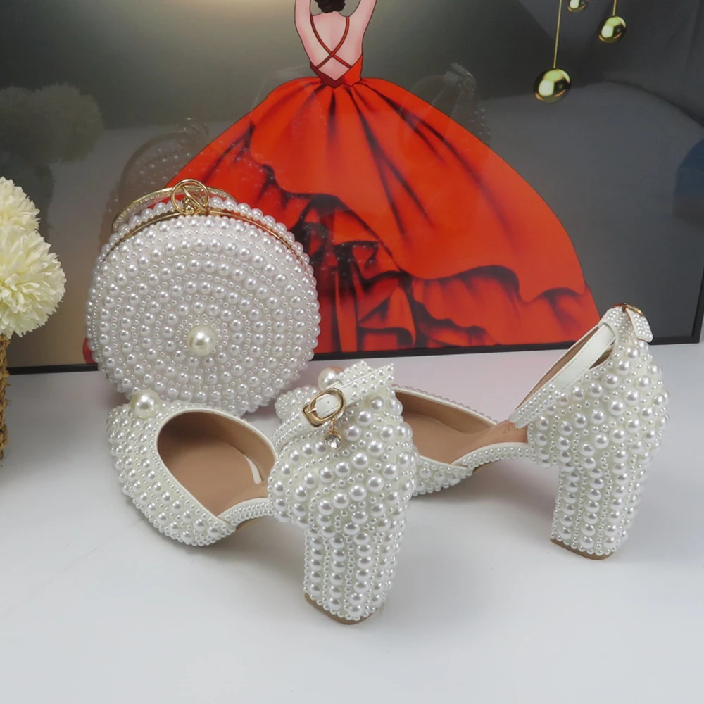 2024 New Arrival White high Pumps Female Bridal shoes bag set woman Pearl fashion party Shoes thick Heel shoes with handmade