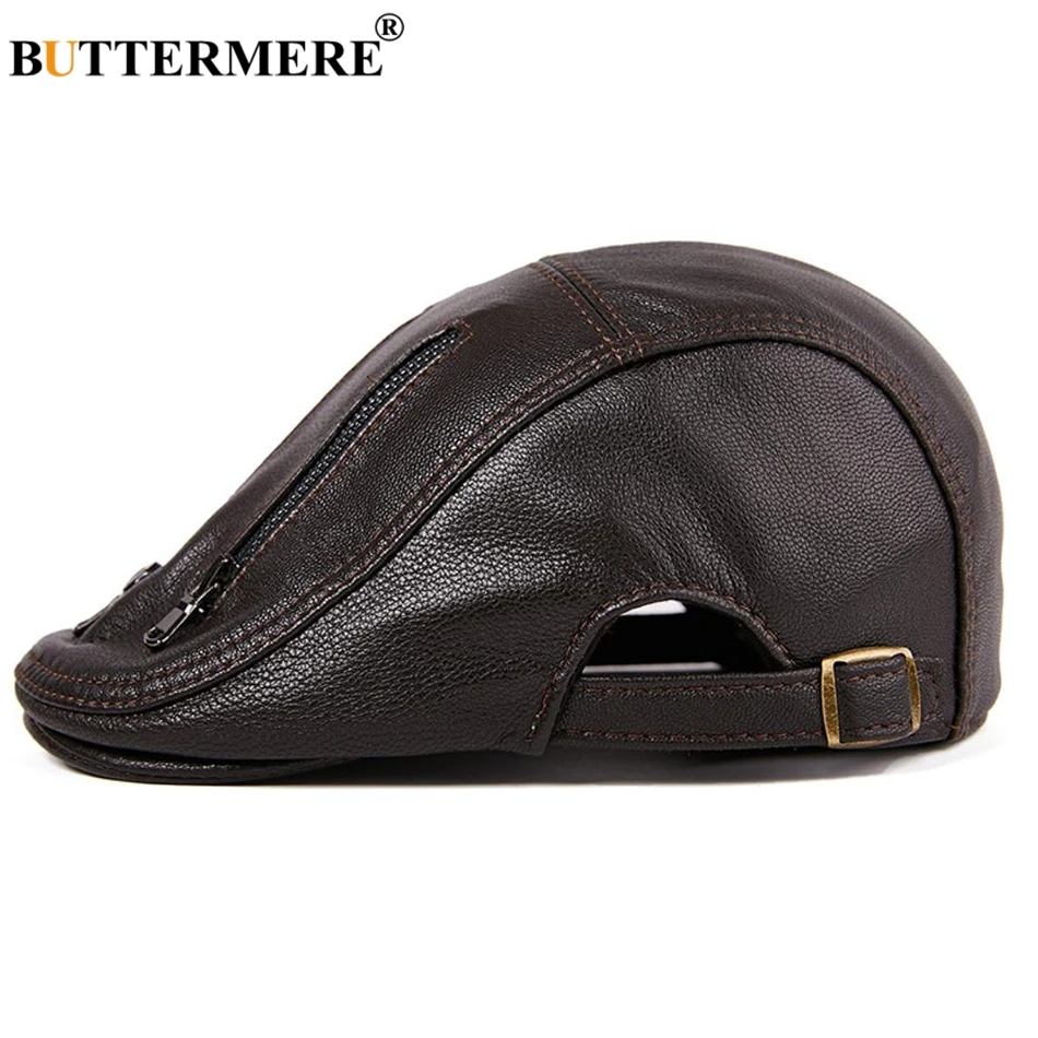 BUTTERMERE Black Berets For Men Leather Flat Caps Male Adjustable Ivy Cap Zipper Genuine Sheepskin Leather Italian Duckbill Hats