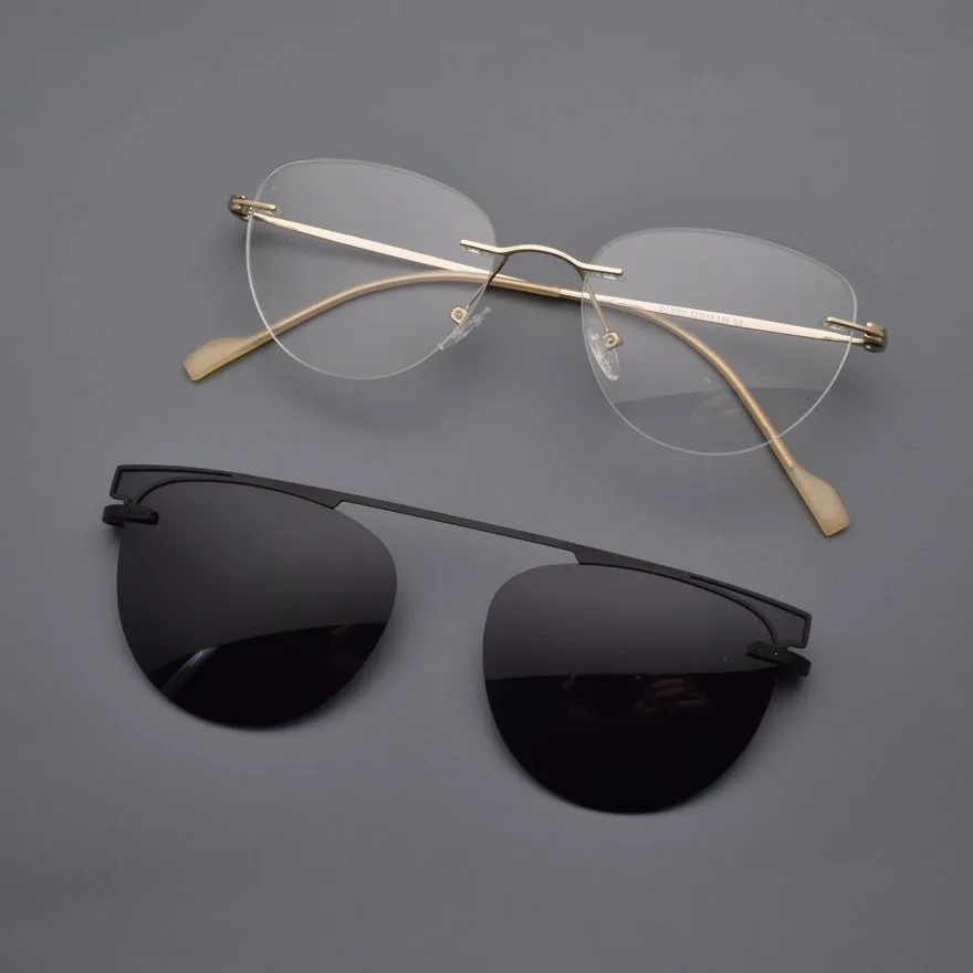 Frameless Women With Magnet Adsorption Clip On Myopia Gold Prescription Eyeglasses Lens Ellipse Glasses Frame Silver Sunglasses