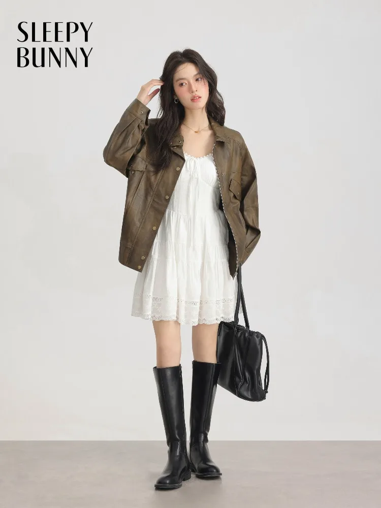 Elegant Retro PU Leather Top Vintage Brown Biker Jacket Fashion Loose-Fit Texture Short Coat for Women Autumn Streetwear Style