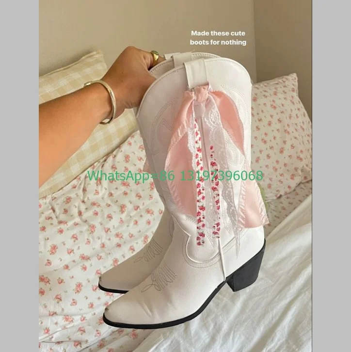Lady Mix Color Pink Bowtie Design Knee Boots Chunky Heel Pointed Toe New Arrive Runway Cowboy Boots Footwear Black Pu Size 33-47