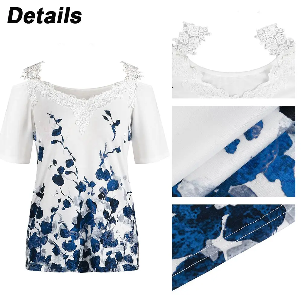 T-shirt Top Women Blouses Elegant Short Sleeve Lace Shirts 2023 Summer Female Pullover Sexy Hollow Out Printed Y2K Tees Tops