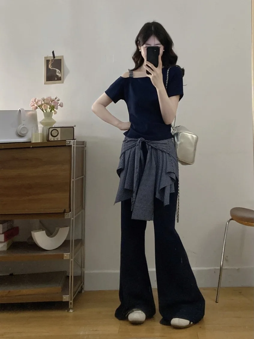 

plus Size Fashion Set Summer New Design Shoulder Exposure Short Sleeve Top Irregular Fake Two-Piece Micro Flare Pants