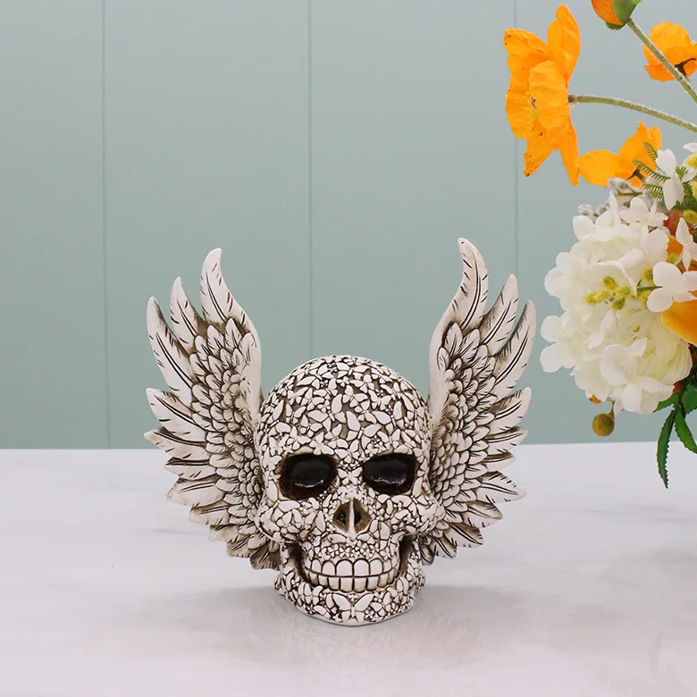 3pcs Halloween Winged Skull Statue Realistic Angel Skull Resin Figurine Graveyard Party Table Outdoor Home Decor Gift