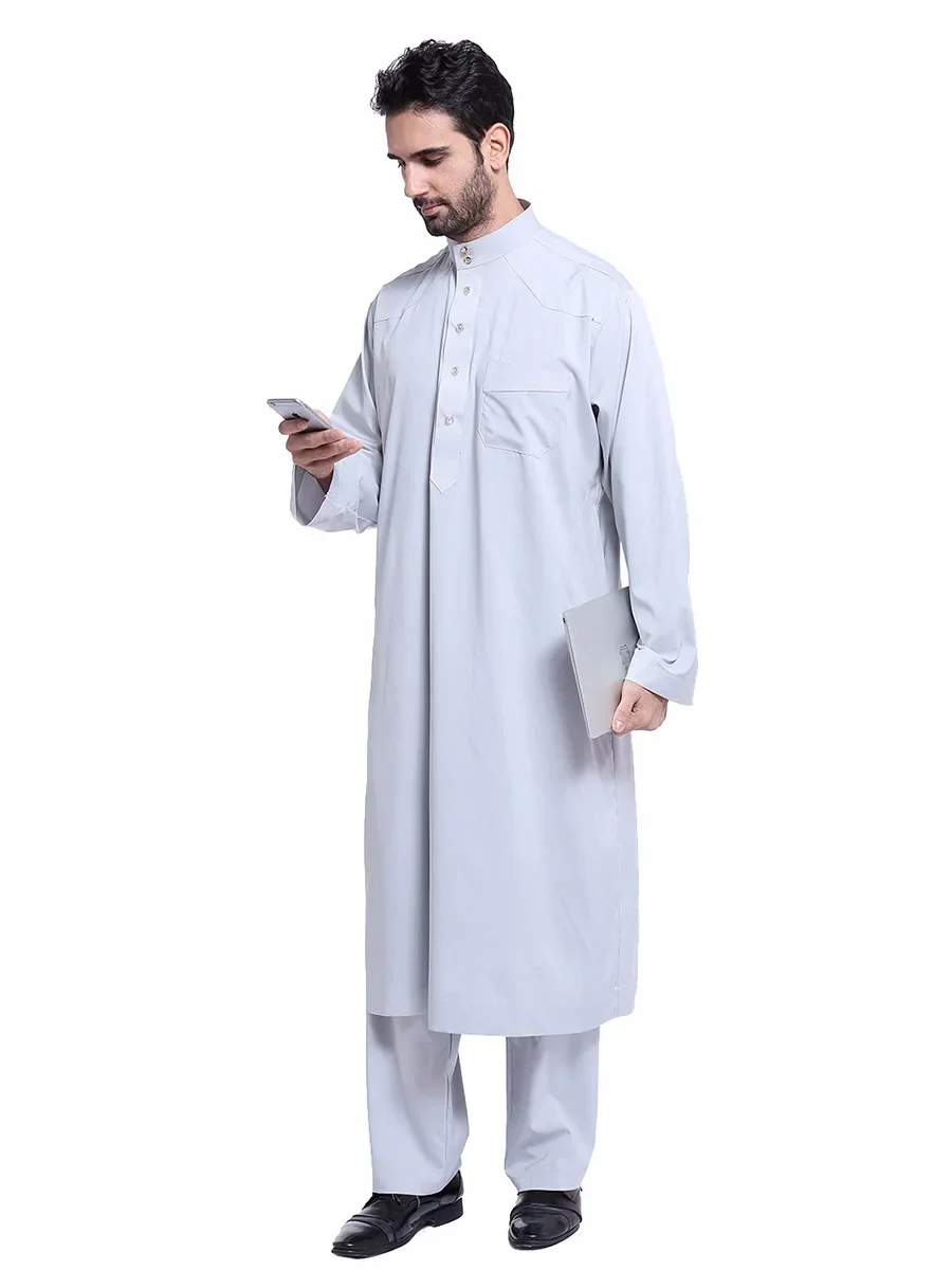 Pakaian Muslim Pria Arab Jubba Thobe Kancing Jubah+Celana 2pcs Setelan Abaya Arab Saudi Idul Fitri Turki Kurtas Islami Muslim Pakaian Sehari-hari