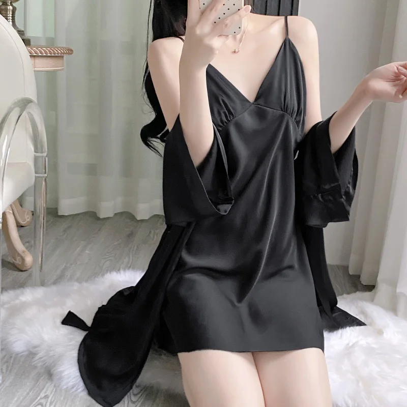 Ice Silk Pajamas Set Women 4PCS Bride Wedding Robe Nightgown Sexy Solid Color Satin Sleepwear Kimono Bathrobe Gown