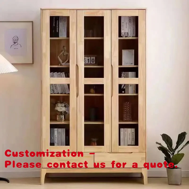 

Customize.Nordic Solid Wood Bookcase Floor-standing Home Dustproof Two-door Bookshelf Glass Door Storage Rack Simple Storage Cab