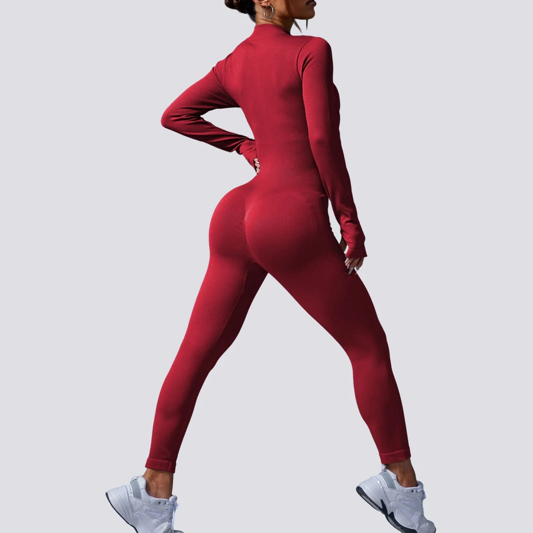 New Women Striped Zipper Gym Jumpsuits Long Sleeve Training Yoga Fitness Suits Athletic Knitted Workout Sports Rompers Outdoor