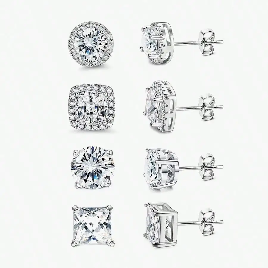 4-Piece Fashionable Micro-Inlaid Cubic Zirconia Women'S Stud Earrings, Gift For Festival