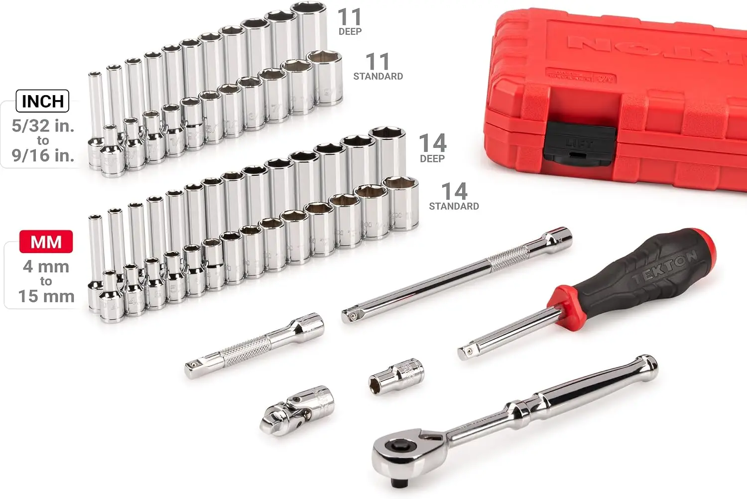 1/4 Inch Drive 6-Point Socket and Ratchet Set with Case, 56-Piece (5/32-9/16 in., 4-15 mm) | SKT05303