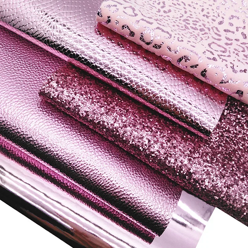 Pink Glitter Leather Sheets Snake Litchi Embossed Synthetic Leather Leopard Pattern Fabric Mirror Leather For DIY 21x29CM Y470