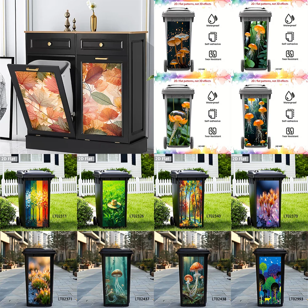 

Magical Mushroom Autumn Leaves Trash Can Sticker, Fantasy Forest Plant Design Waterproof Outdoor Bin Decal