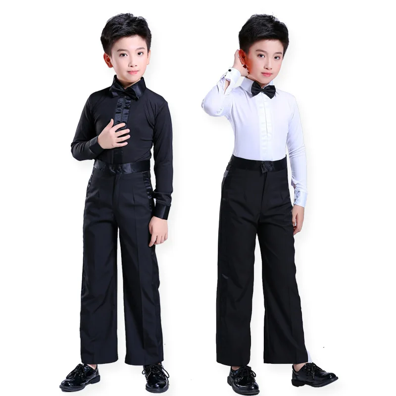 1세트/로트 라틴 댄스 의상 블랙 화이트 리본 탑과 바지 소년용 볼룸 차차 탱고 무대 공연 의상 어린이용