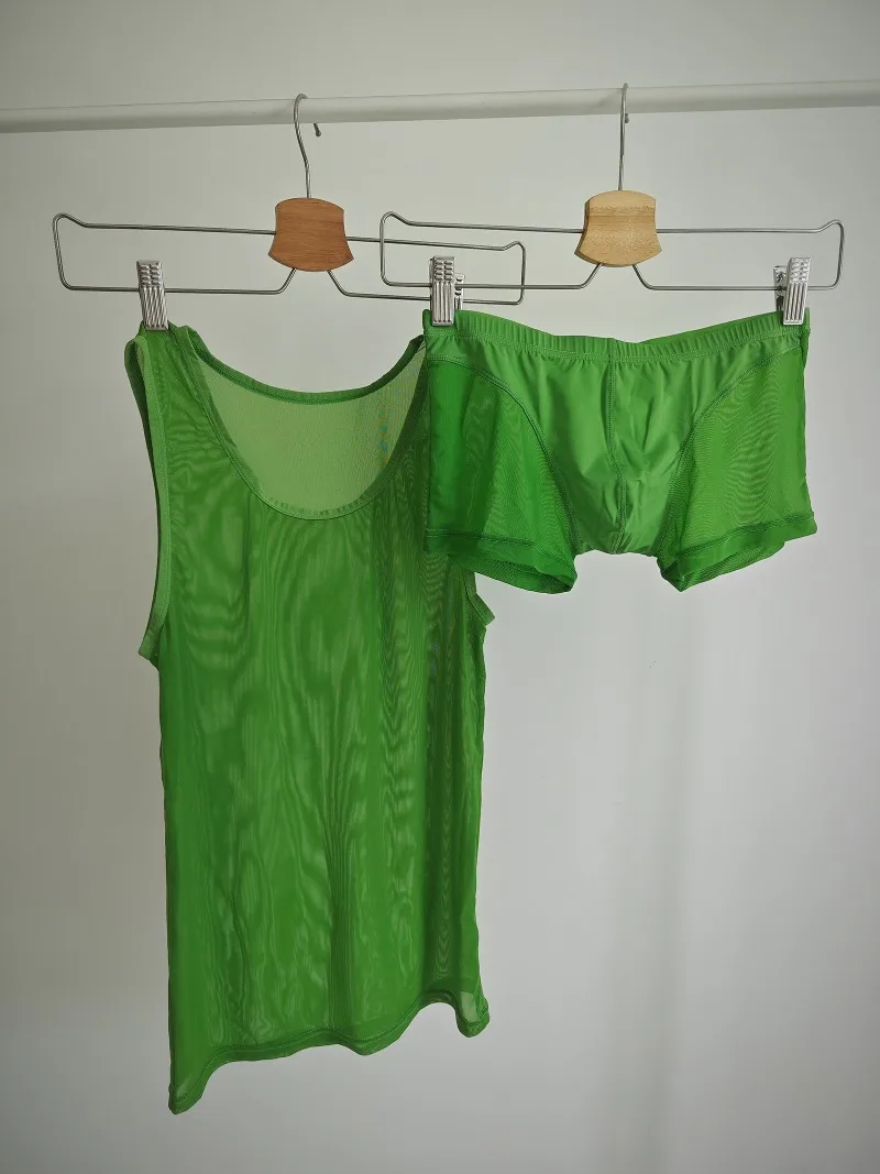 

Sexy See Through Tank Top Set with Boxer Briefs Mens Mesh Sheer Underwear Set 2pcs Breathable Male Lingerie Set Trunks Pack Gift