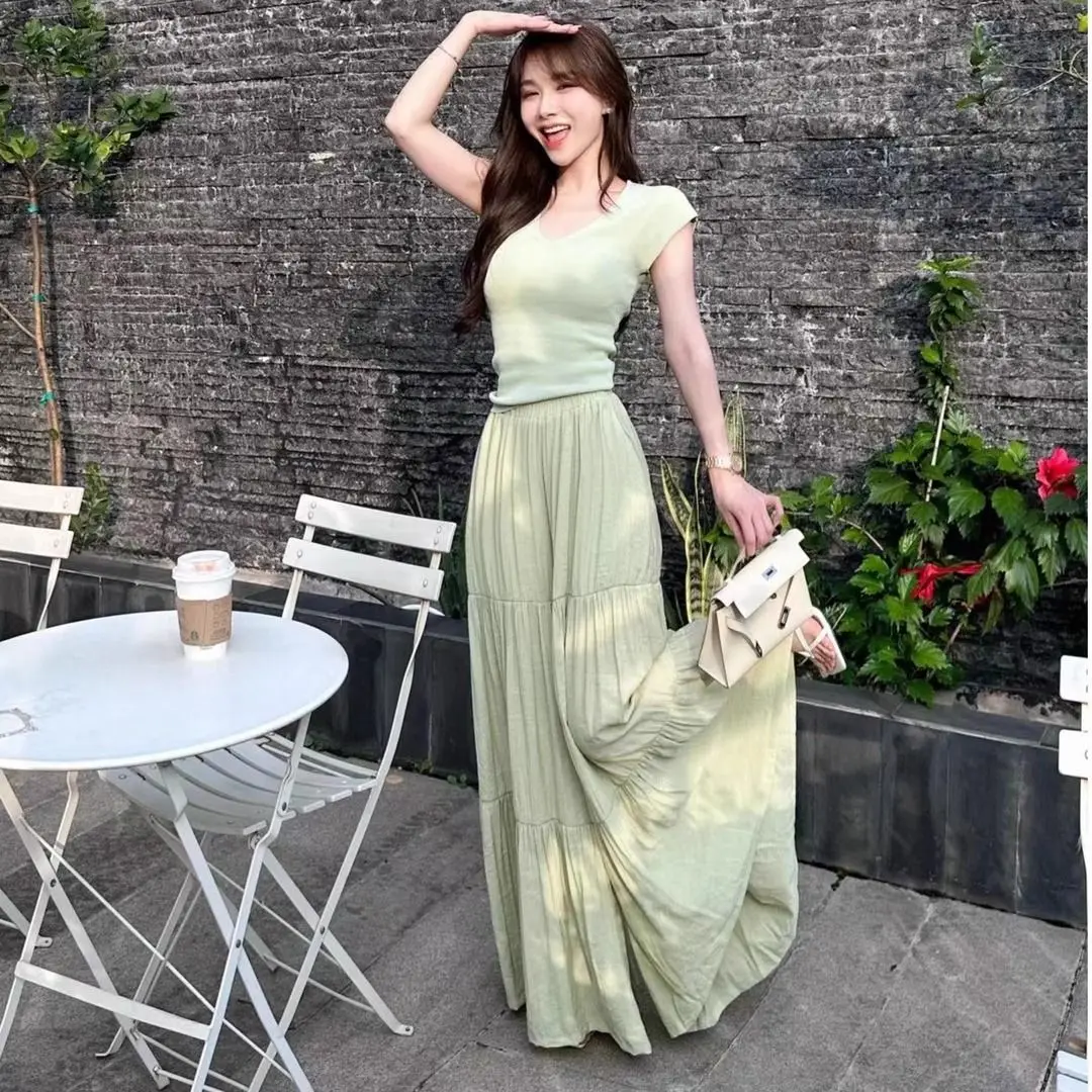 2024 Summer Fashion Cotton and Hemp Temperament Solid Color Wide Leg Pleated Cake Pants Skirt and Short Sleeve T-shirt