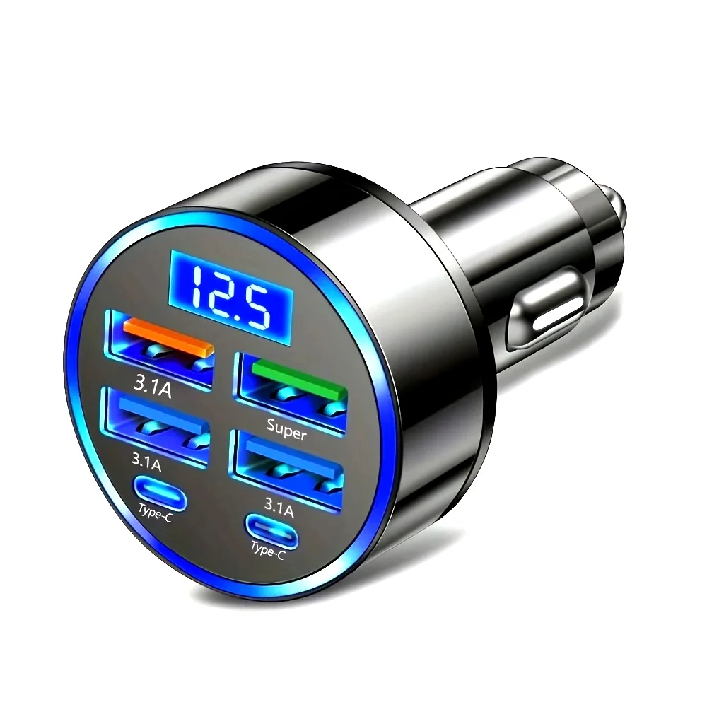 6-in-1 Fast Charging Car Adapter 3.1A Dual Type-C Digital Display Smartphones Tablets Power Banks Black Portable Charger